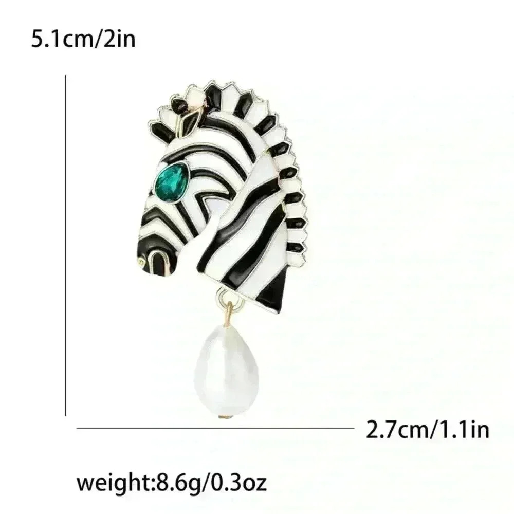 Elegant Zebra Head Stud Pendant Earrings - Green Crystal Eyes, Pearl Drops - Picture 6 of 7